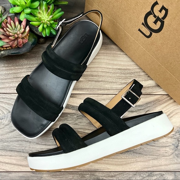 NIB UGG Lynnden Slingback Strappy Platform Sandal Black Suede 9 40 - Picture 1 of 12